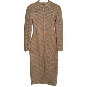 Nude / Beige Bandage Bodycon & Gold Studded Long Sleeve Midi Dress Size Small